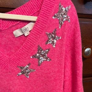 LOFT Pink V-Neck Sweater with Silver Star Accents